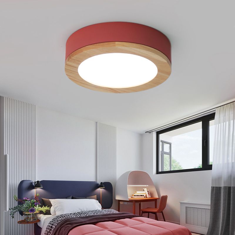 Drum Ceiling Light, Kids Flush Mount Light Fixture with Wood and Acrylic Shade for Bedroom
