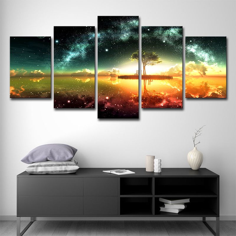Digital Print Contemporary Canvas Art with Lakeside Tree and Starry Sky Scenery, Green