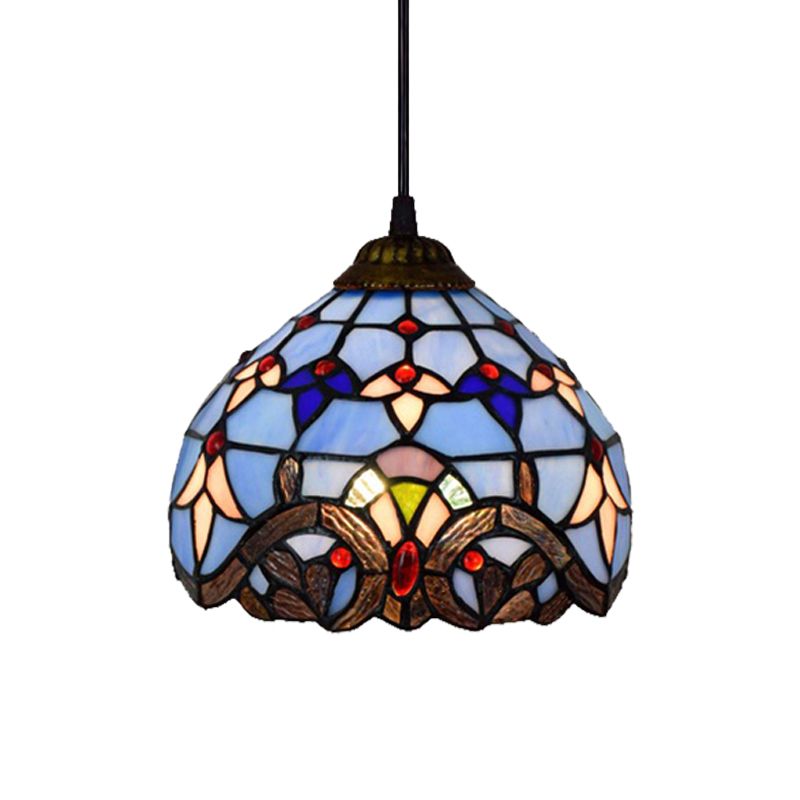 Baroque Style Bowl Pendant Light Stained Glass 1 Light Ceiling Pendant in Blue for Dining Room