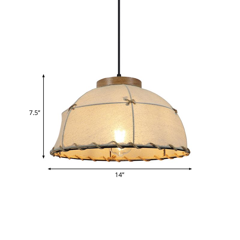 Dome Shade Ceiling Lamp Retro Stylish Fabric 1 Bulb Flaxen Hanging Pendant Light with Adjustable Cord, 14"/16" Dia