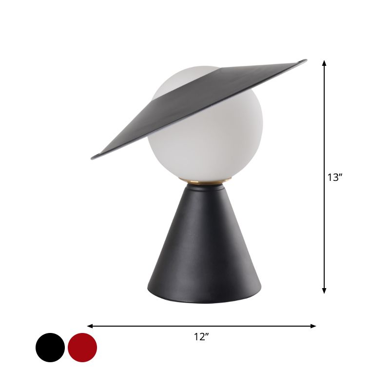 Opal Glass Sphere Small Desk Light Modernist 1 Head Table Lamp with Black/Red Hat Design and Cone Base
