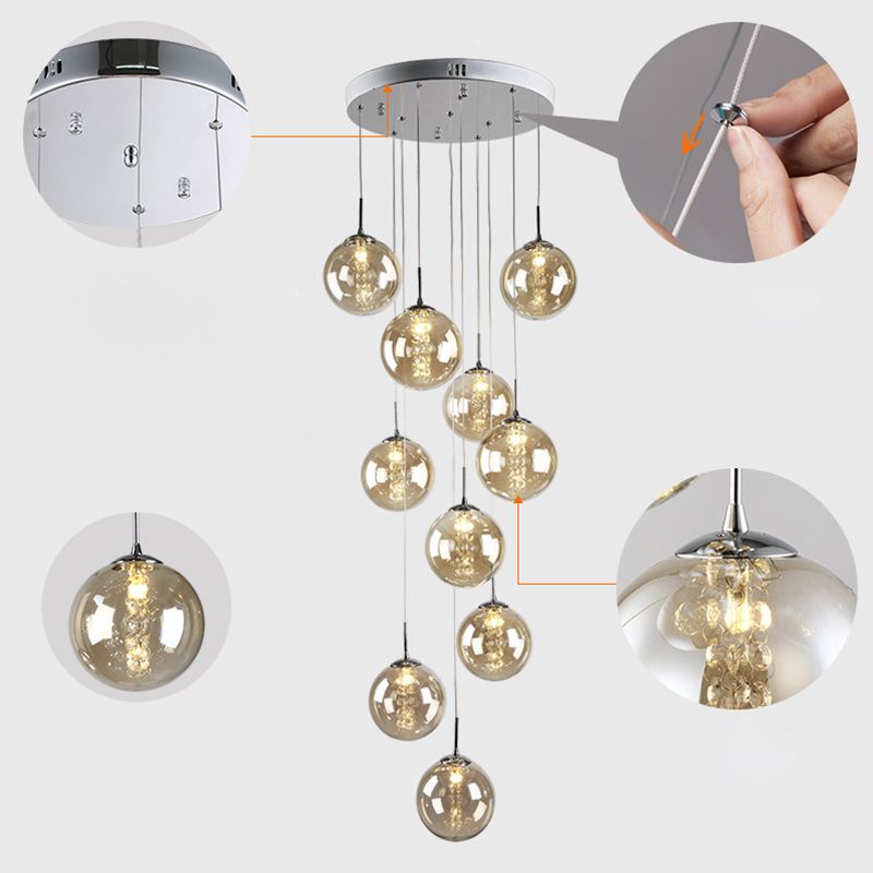 Globe Shape Glass Pendant Lamp Modern Multiple Hanging Light with Beaded Crystals
