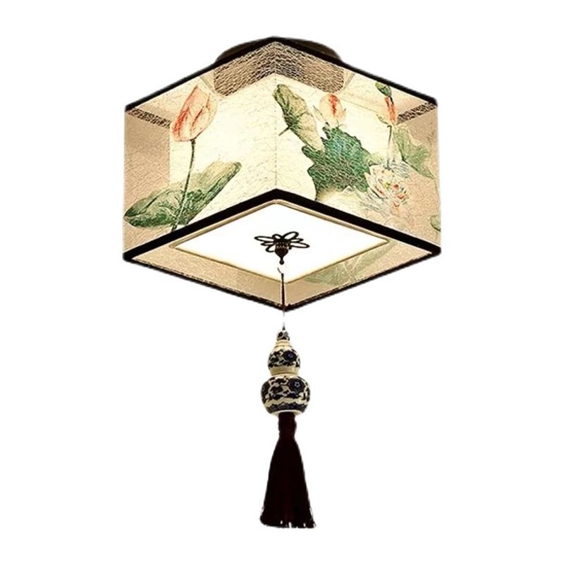 Quadratisch/Rund Flush Mount Licht Stoff Schatten Chinesische Stil Bündig Deckenleuchte