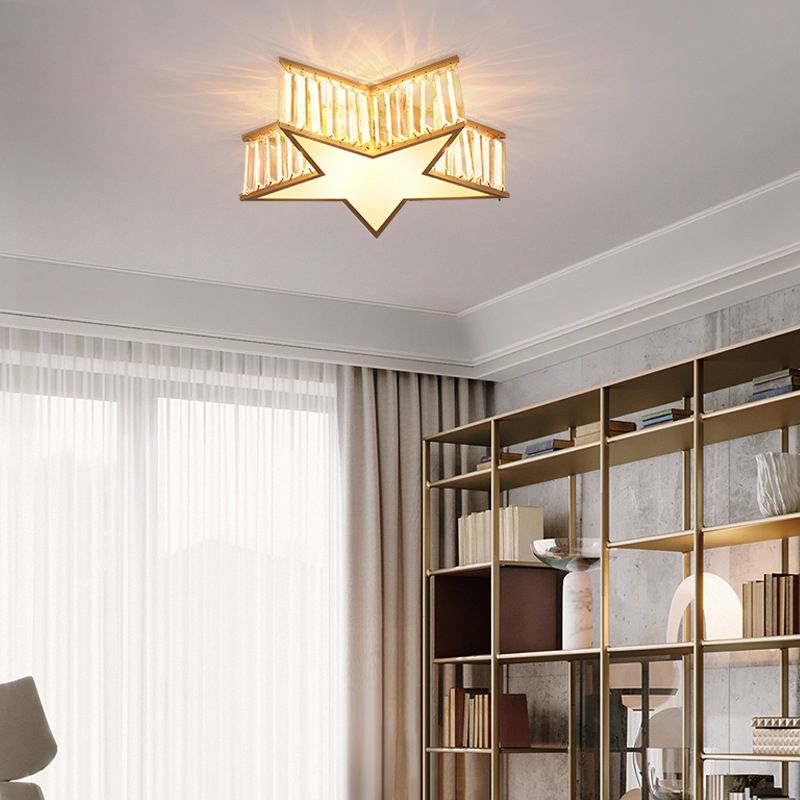 Plafonnier Gold Star de style classique colonial en cuivre à 5 lumières avec abat-jour en cristal