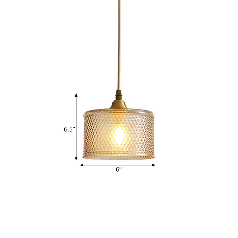Small Drum Bedside Ceiling Pendant Light Simple Latticed Glass 1 Head Brass Pendulum Lamp