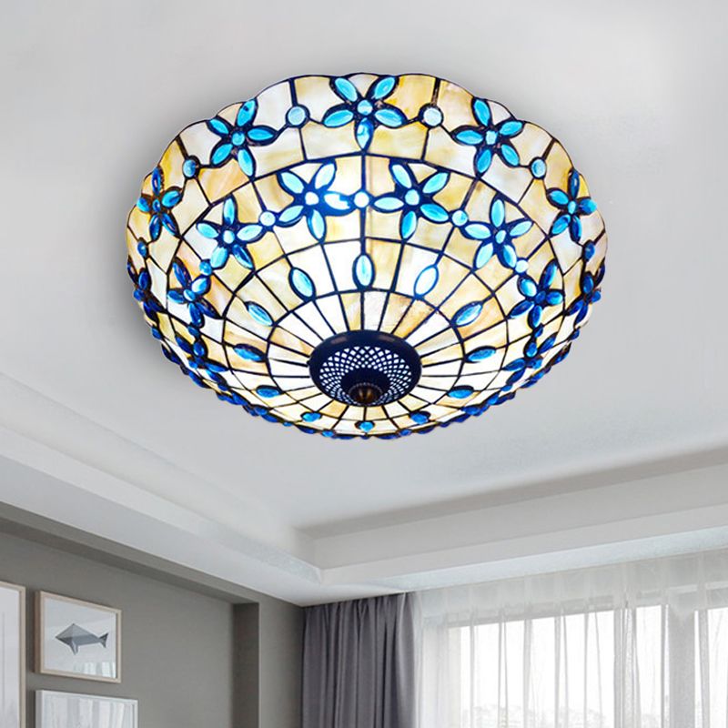Mediterranean Bowl-Shape Flush Light 3/4 Heads Shell Ceiling Mounted Lamp in Blue, 16"/21" Width