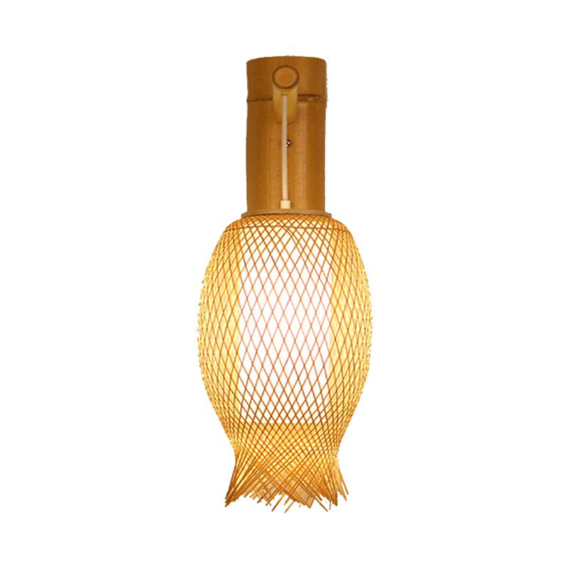 In tema Sconce Contemporary Bamboo 1 lampadina in legno con lampadina con tonalità di pergamena in cilindro bianco interno