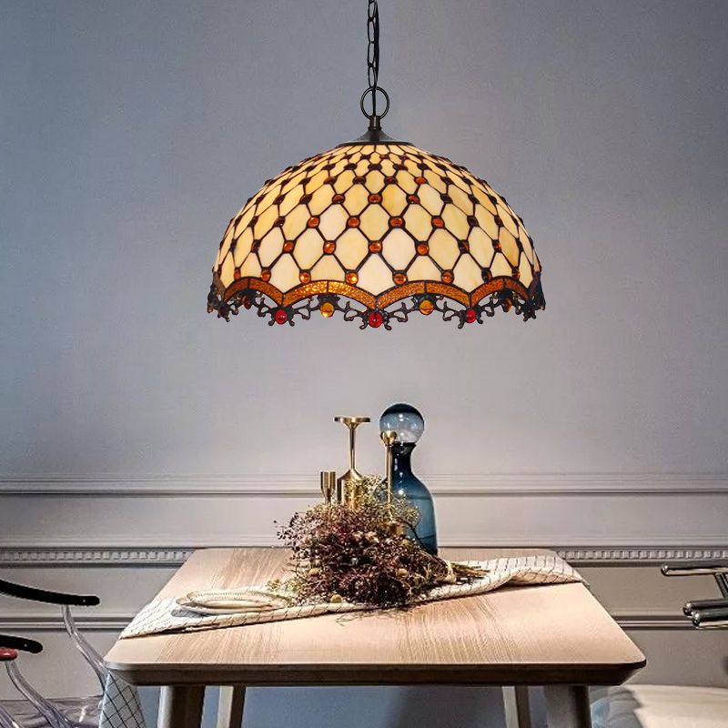 Beige Stained Glass Ceiling Lamp Scalloped 1 Light Mediterranean Suspension Pendant Light for Kitchen
