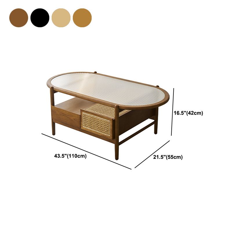 Modern Oval Glass Top Coffee Table with Shelf and 4 Drawers Cocktail Table