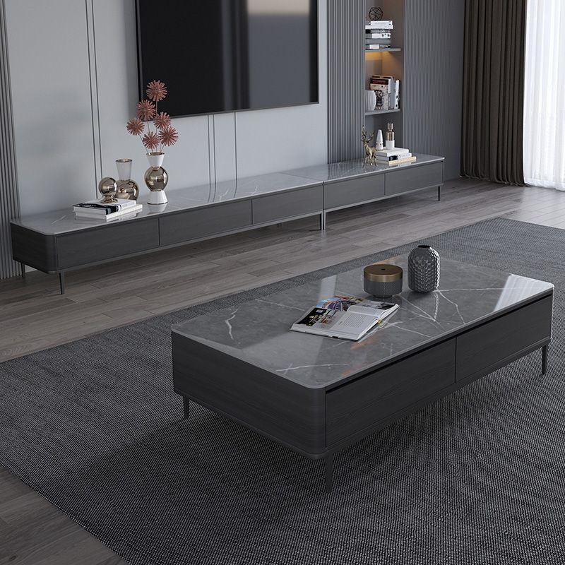 Rectangular Slate 4 Legs Coffee Table Modern 1 Single Cocktail Table with 4 Drawers