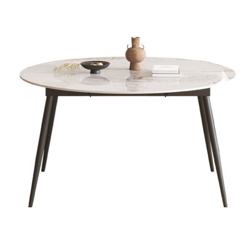 Round Dining Table with Leaf Extension Modern Stone Black Legs Dinette Table