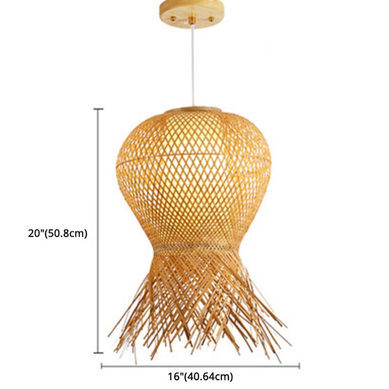 Beige Hand-Woven Pendant Chinese Style 1 Bulb Bamboo Hanging Light for Dining Table