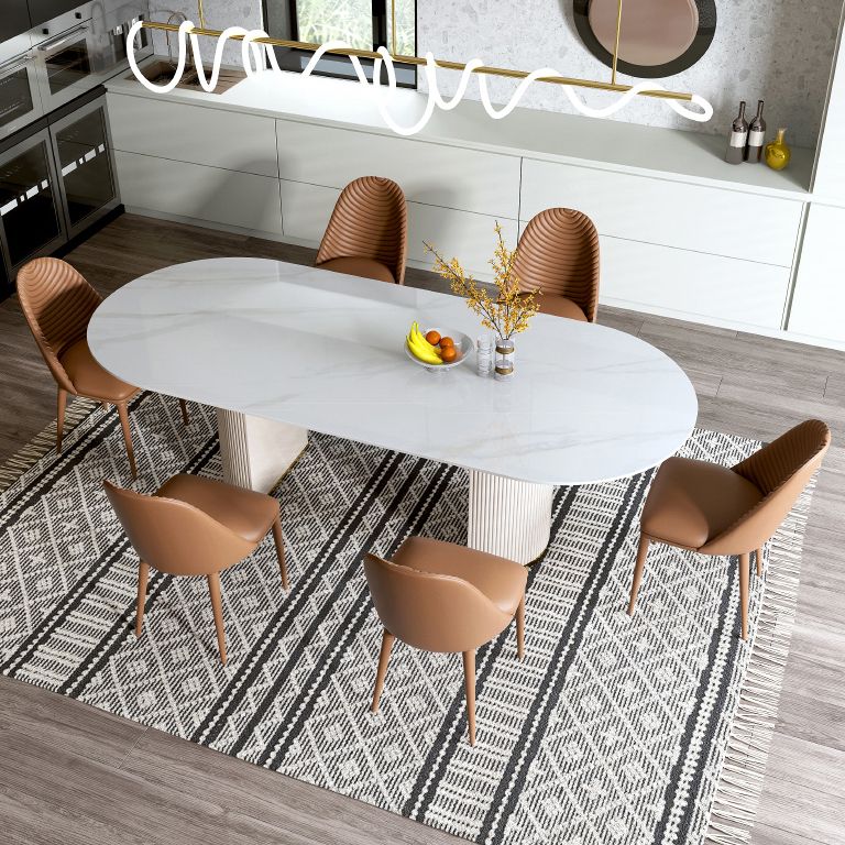 Ovale dubbele voetstuk glamour eettafel witte tint vaste tafel met gesinterde steen
