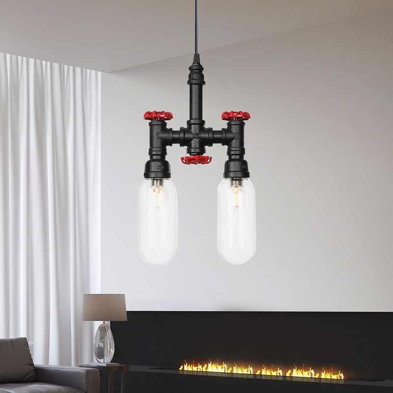 Black Piping Chandelier Lighting Industrial Iron 2/4/5 Bulbs Coffee House Pendant Lamp with Pill Capsule Clear Glass Shade