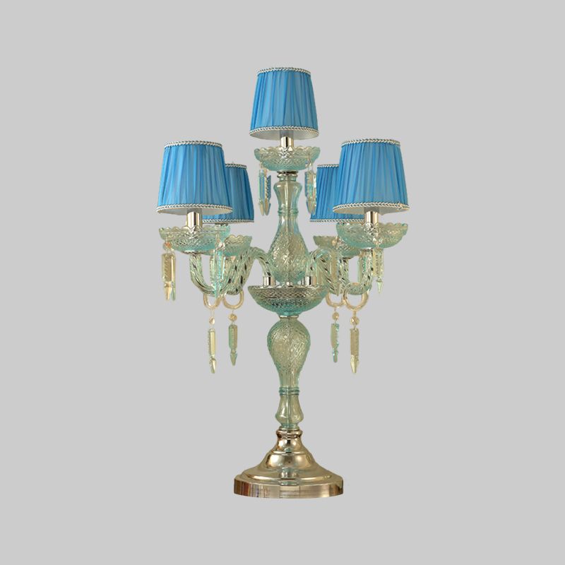 Kristalblauw nachtkastje lamp kandelaar 5/6/7 bollen traditionele slaapkamer tafellicht met vat stof schaduw