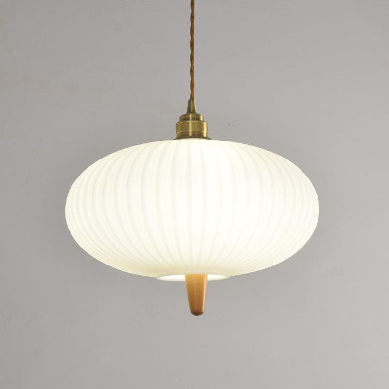 Wooden Geometric Pendant Light in Modern Artistic Style Copper Indoor Hanging Lamp with Glass Shade