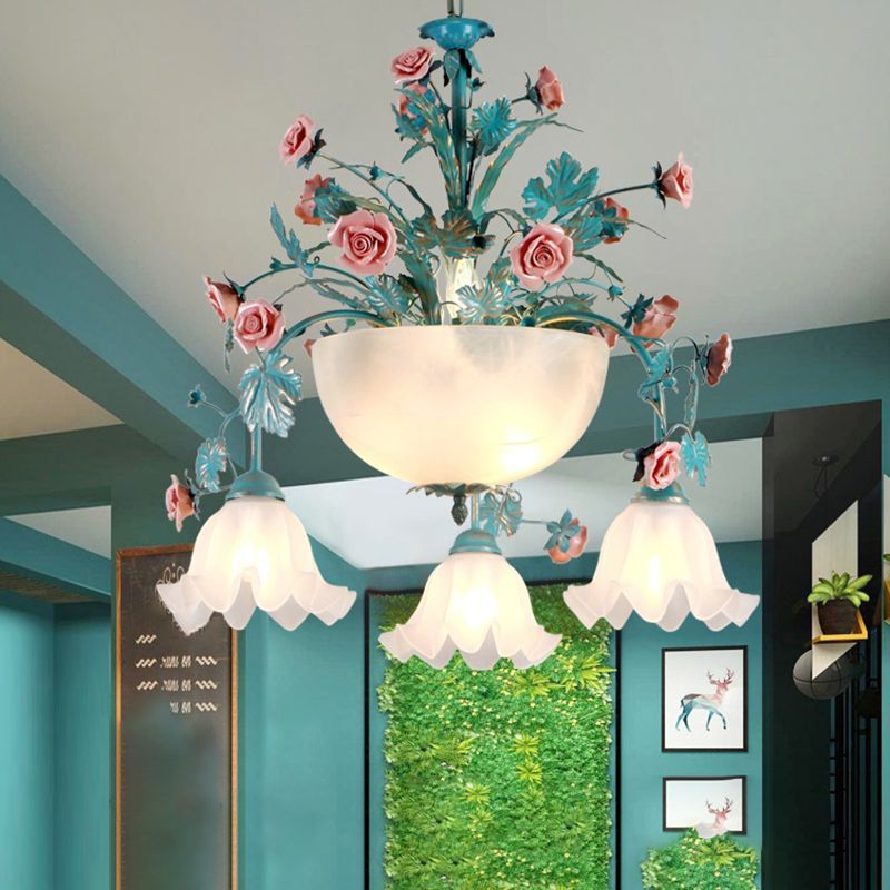 Ceramic Potted Flower Chandelier Pastoral Living Room Suspension Light with Bowl Opal Glass Shade
