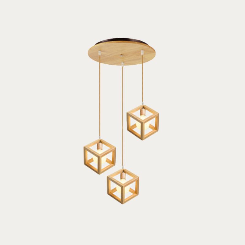Square Shaped Multi Light Pendant Simple Wooden 3 Bulbs Kitchen Hanging Light Fixture