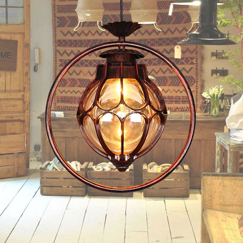 1 Light Suspension Lamp Rustic Globe Amber Glass Hanging Pendant Light in Copper with Iron Ring