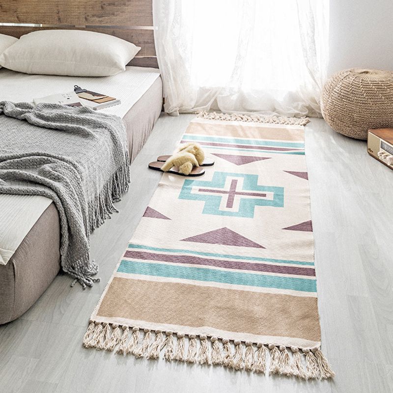 Multi-Color Americana Rug Victorian Cotton Blend Rug Washable Carpet with Fringe for Bedroom