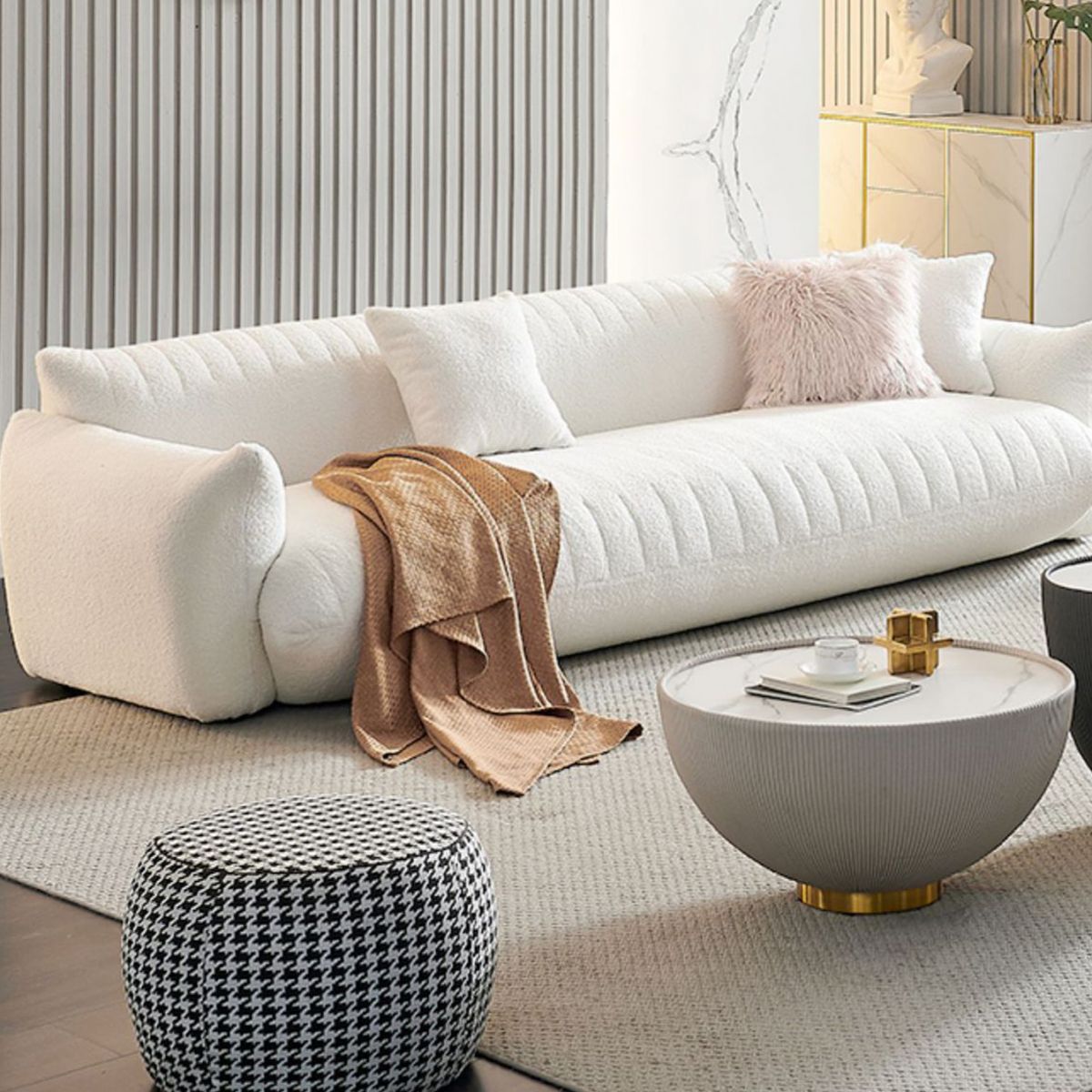 Modern 28.74" H Wool Recessed Arm Sofa in White for Living Room