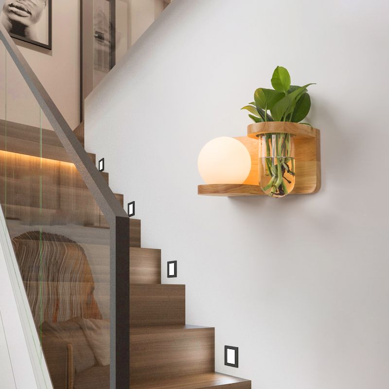 Creative Wooden Wall Light without Plants Modern Style Glass Shade Wall Light Fixture