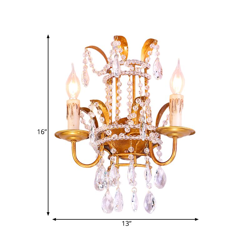 Clear Crystal Beaded Sconce Lighting Vintage Style 2 Heads Brass Wall Lamp with Open Bulb for Bedroom