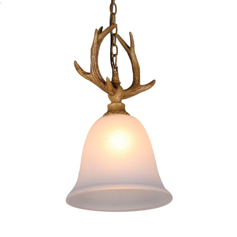 1 Light Bell Ceiling Pendant Light Rustic White Glass Hanging Lamp with Elk Design