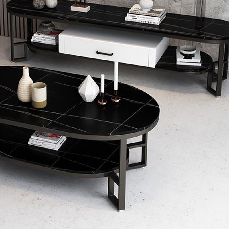 Rectangle Slate Coffee Table Abstract Coffee Cocktail Table with Shelf