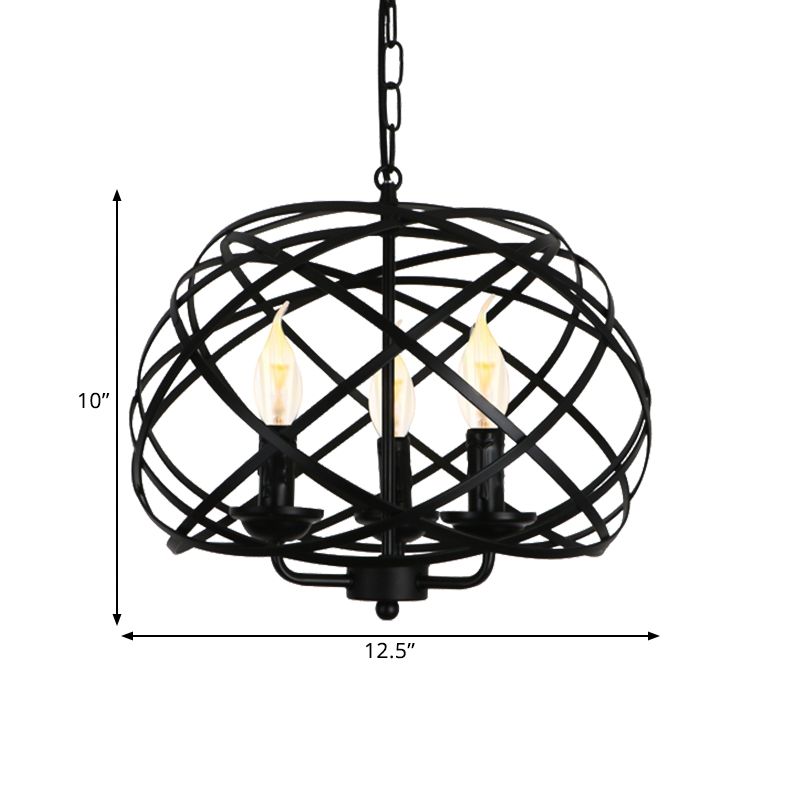 Industrial Geometric Ceiling Light with Cage Shade 3 Bulbs Metal Chandelier Lamp in Black for Kitchen