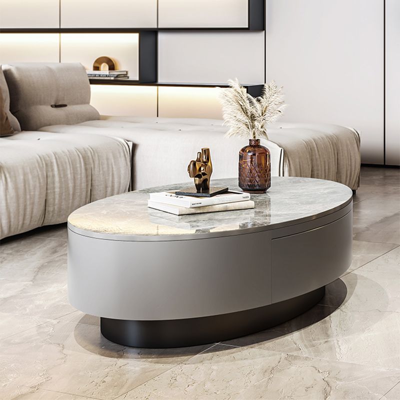 Glam 13.7" H Oval Slate Coffee Table Iron Drum Cocktail Table with Drawer