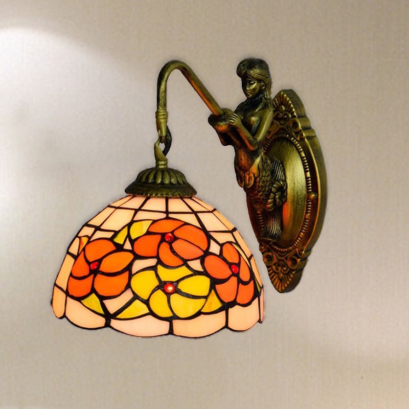 Flower Wall Mounted Light Tiffany Beige Glass 1 Head Brass Mermaid Sconce Light Fixture for Hallway