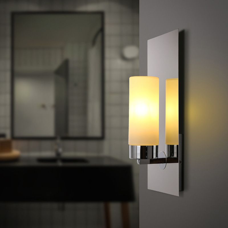 Opal Glass Tube Wall Lighting Modern 1 Head Chrome Sconce Light Fixture with Rectangle Metal Backplate