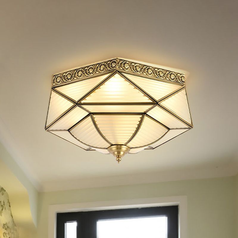 4 Lights Ceiling Mounted Fixture Colonial Prismatic Frosted Ribbed Glass Flushmount in Gold