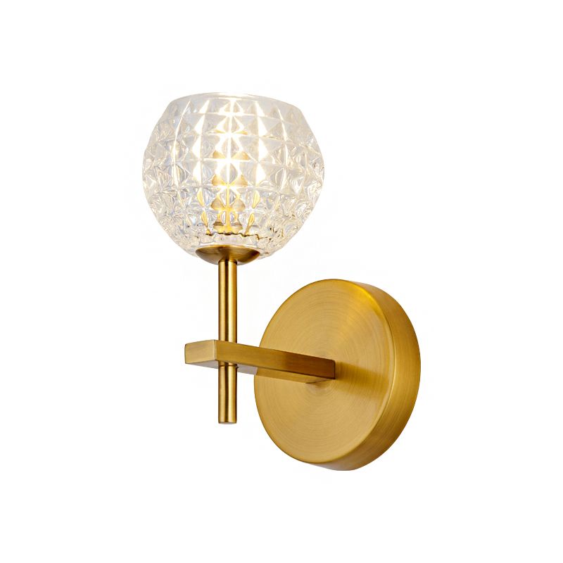 1/2-Light Wall Sconce Modern Orb Clear Grid Glass Sconce Light with Clean-Lined Arm in Gold for Hallway