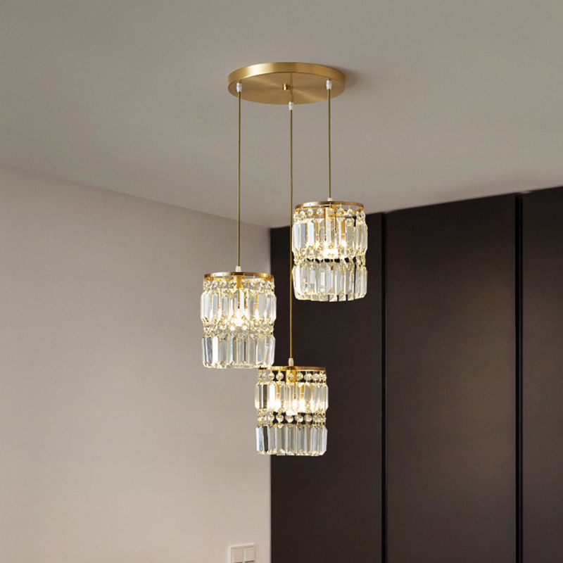 Contemporary Cylinder Hanging Pendant Tri-Prism Crystal 3 Heads Dining Room Multi Light Chandelier in Brass