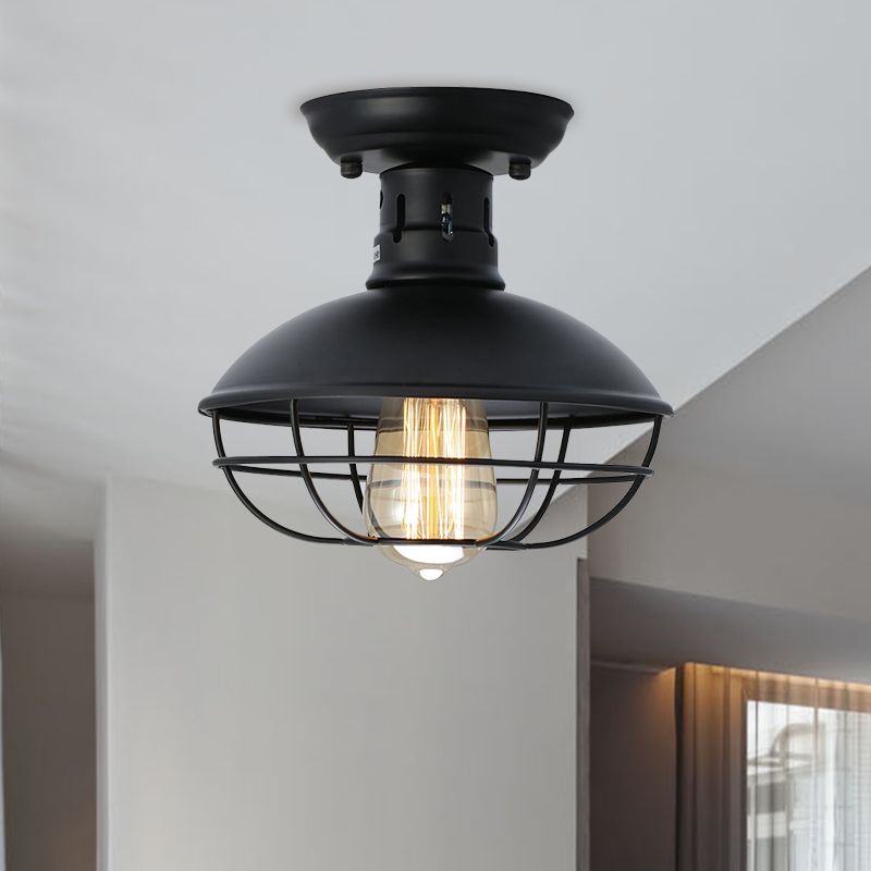Black Bowl Semi Flush Mount Farmhouse Stylish Metal 1 Light Dining Room Semi Flush Ceiling Fixture with Cage Shade