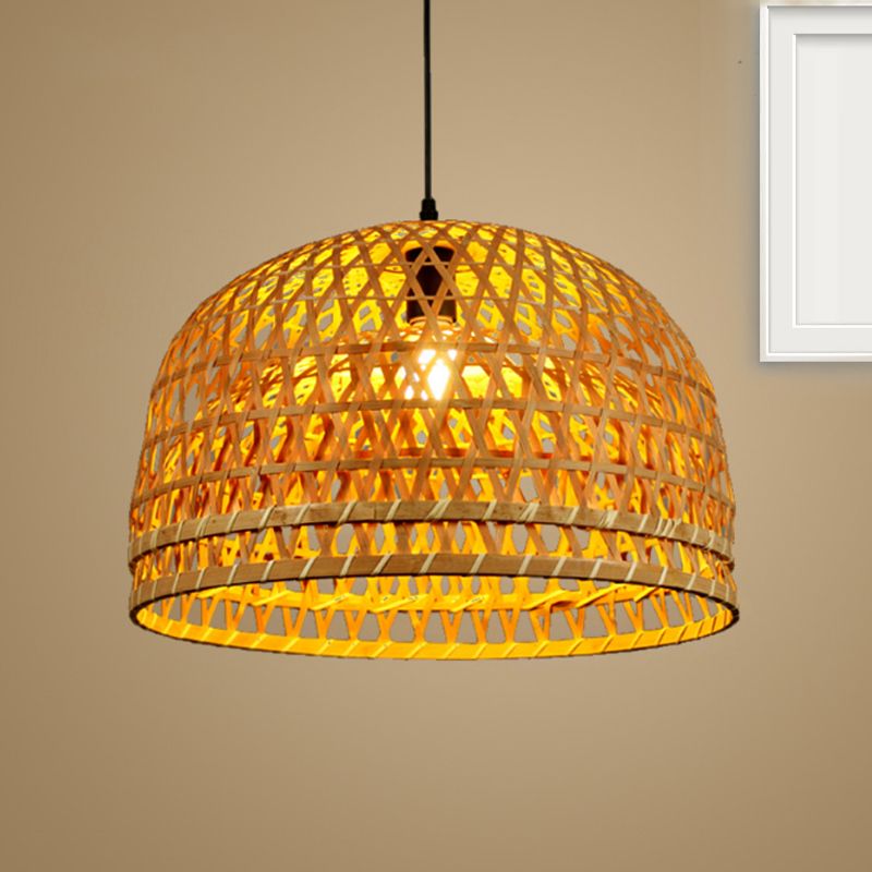 Brown/Wood Dome Shade Hanging Light Modern Style 13"/21" Dia 1 Light Bamboo Pendant Lamp for Restaurant