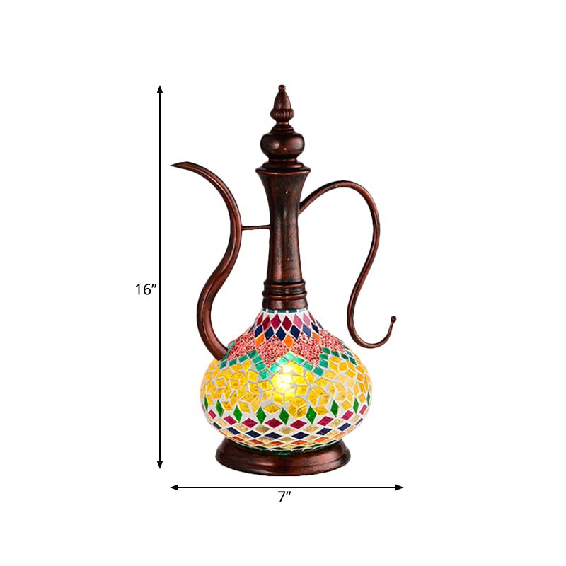 Teapot Shape Bedroom Table Lamp Art Deco Yellow Stained Glass 1 Light Copper Night Light