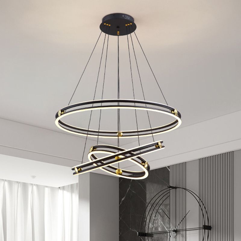 Hollow Ring Shape Hanging Chandelier Light Modern Multi Tiered Black Pendant Lamp with Frosted Silicone Shade