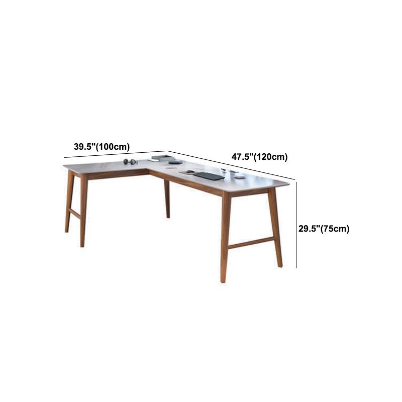 Mid-Century Modern Office Desk Pine Wood L-Shape Corner Desk with Stone Top