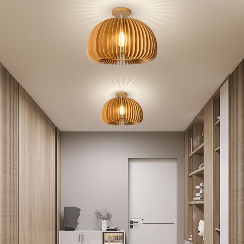 Modern Ceiling Light 1-Light Ceiling Mount Light with Wooden Shade for Bedroom