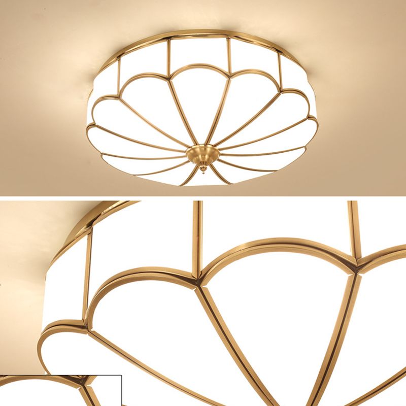 Flush Mount Ceiling Fixture Traditional Bedroom Flush Ceiling Light Fixture with Flower Glass Shade in Brass