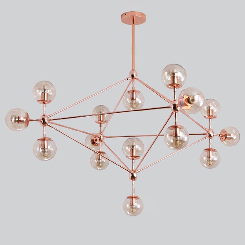 Postmodern Geometric Suspension Light Clear Glass Dining Room Chandelier in Rose Gold