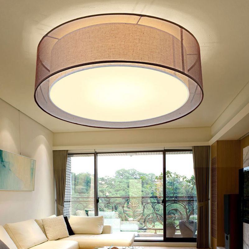 Brown Cylindrical Ceiling Light in Traditional Classic Style Wrought Iron Indoor Flush Mount with Flax Fabric Shade