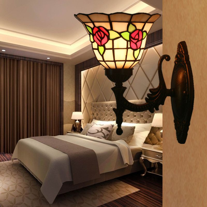 Flared Wall Light Sconce 1 Bulb Stained Glass Tiffany Style Wall Mounted Lamp in Red/Pink/Blue with Floral Pattern