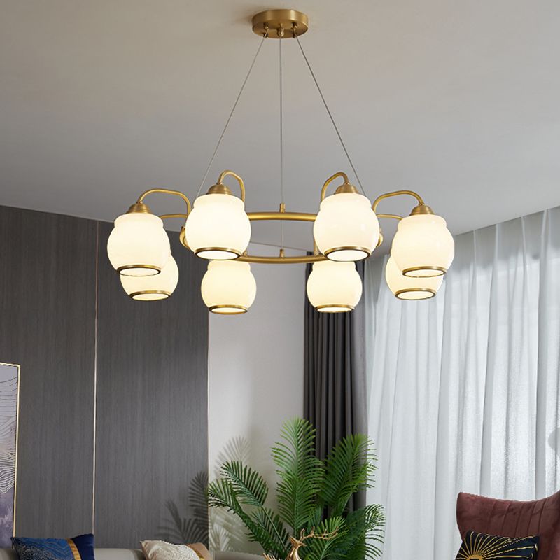 Modern Luxury Indoor Pendant Light Copper Geometric Chandelier with White Glass Shade