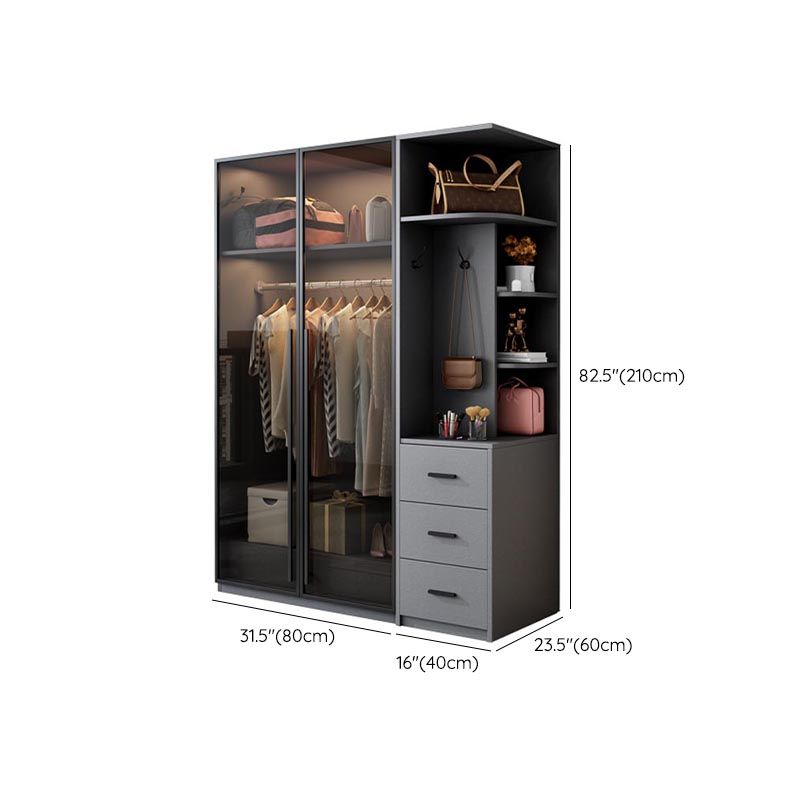 Modern Style Hinged Door Wardrobe for Bedroom Grey Cabinet with Glass Doors