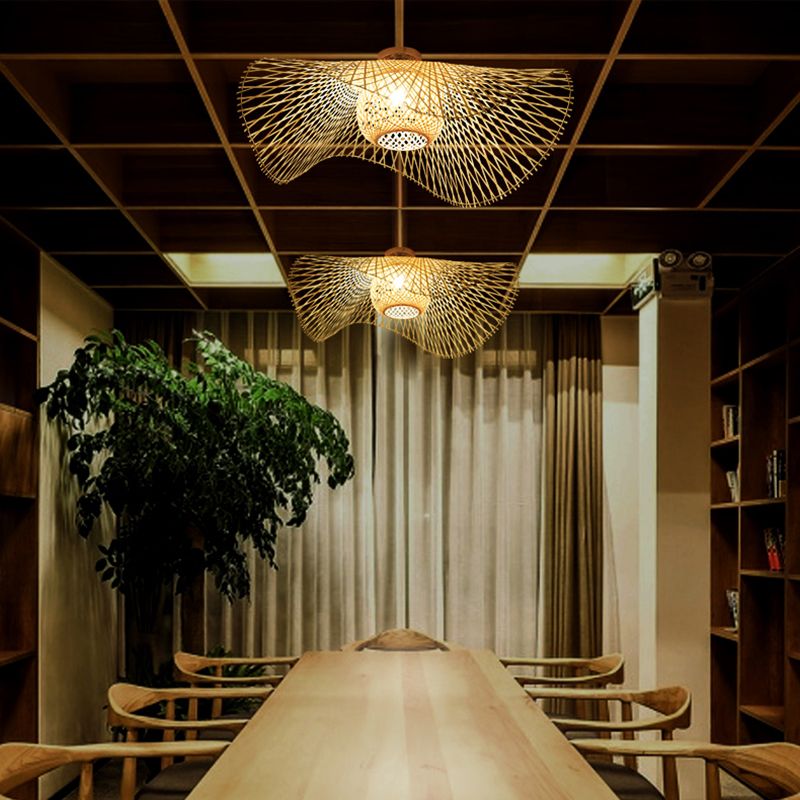 Twist Ceiling Light Fixture Asia Style Bamboo Beige Flush Mount Ceiling Lamp