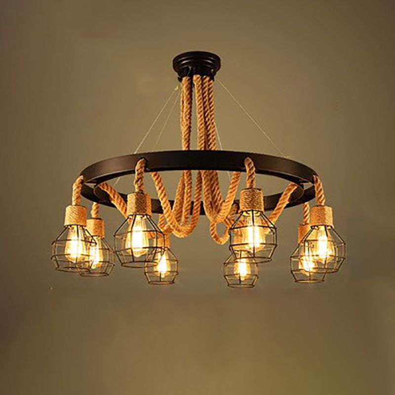 Lámpara de araña de araña negra industrial de araña de forma geométrica con cuerda natural